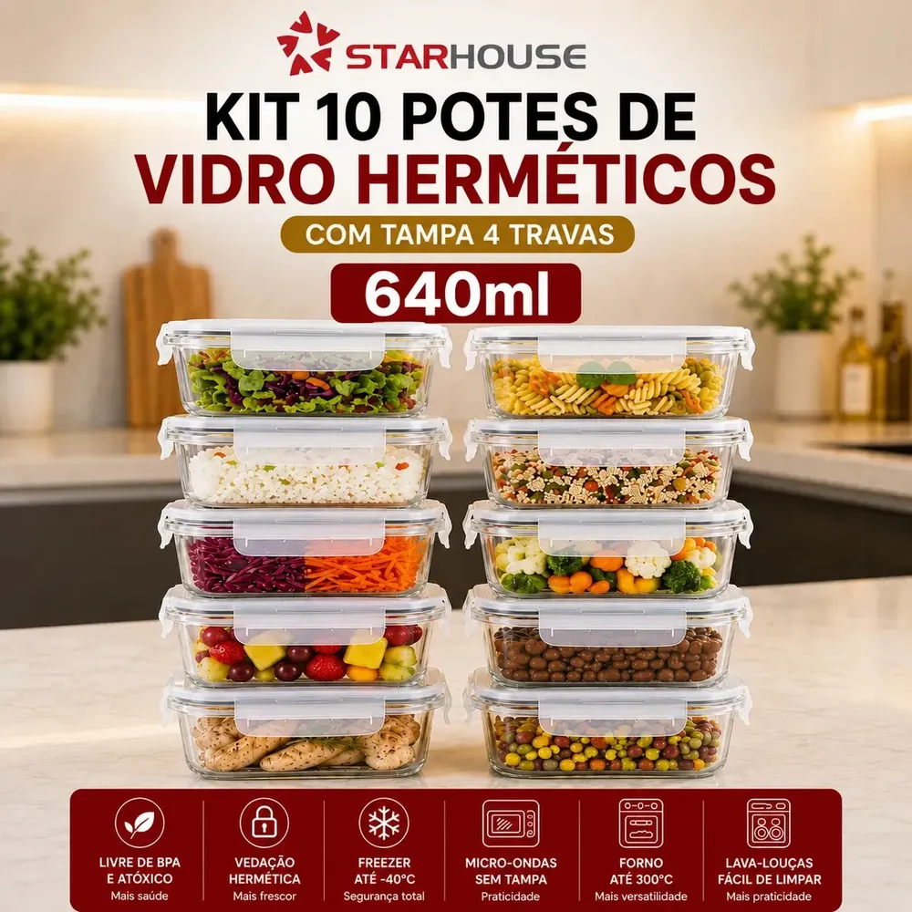 foto de Kit 10 Potes Herméticos Vidro 640ml Starhouse Marmita Forno Micro-ondas Airfryer com 4 travas de super vedação