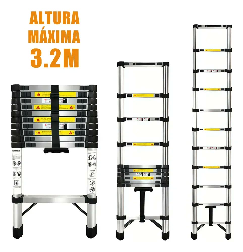 Escada Telescópica Extensível JST ETI320 3,2m Inox 11 Degraus Antiderrapante