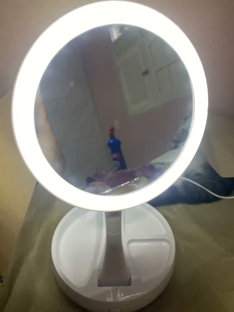 foto de Espelho Maquiagem Led Iluminador Mesa Gira 360 Portátil Usb