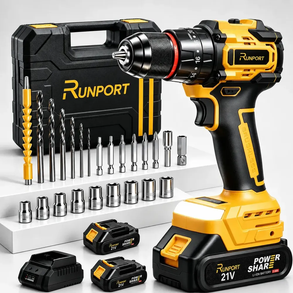 foto de Furadeira Parafusadeira Impacto Runport Brushless 21V Sem Fio 45Nm 2 Baterias 2.0Ah Carregador Rápido Kit Brocas Bits Soquetes Acessórios