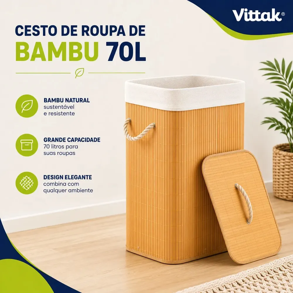 foto de Vittak Cesto De Roupa Bambu 72 Litros Dobrável Retangular Com Tampa E Forro