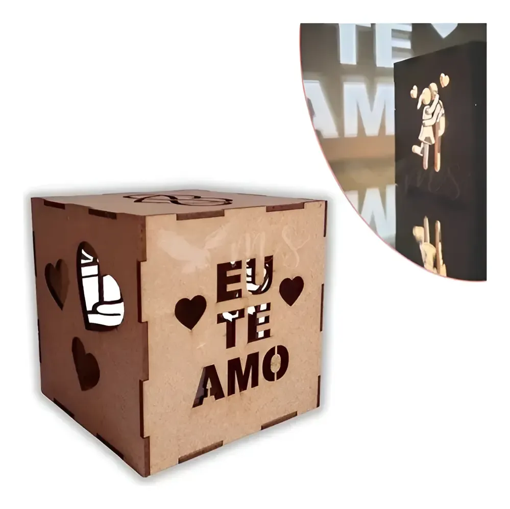 foto de Caixa Luminária Led Presente Namorado Aniversário Casamento Estrutura Madeira Mdf