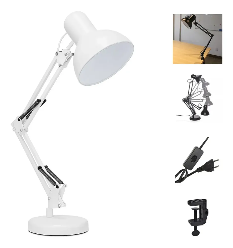Luminária De Mesa Leitura Estudo Escritório Quarto Trabalho Manicure Salão De Beleza Abajur Articulada 360° 2x1 Com Garra Flex E Base A+ Utilidades, Branca