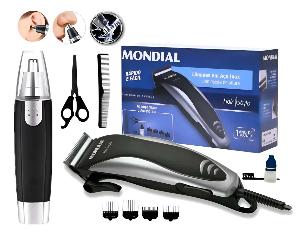 foto de Maquina Cortar Cabelo Mundial 8 Acessórios + Depilador Nasal