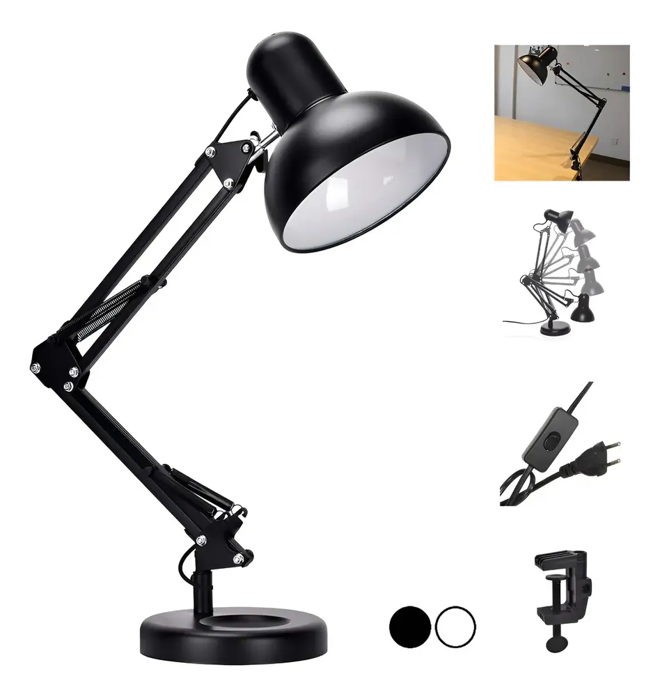 Luminária De Mesa Leitura Estudo Escritório Quarto Trabalho Manicure Salão De Beleza Abajur Articulada 360° 2x1 Com Garra Flex E Base A+ Utilidades Preta