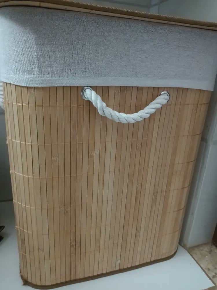 foto de Cesto de Roupa Suja 50L Bambu Natural Dobrável Retangular Zip Home Bege