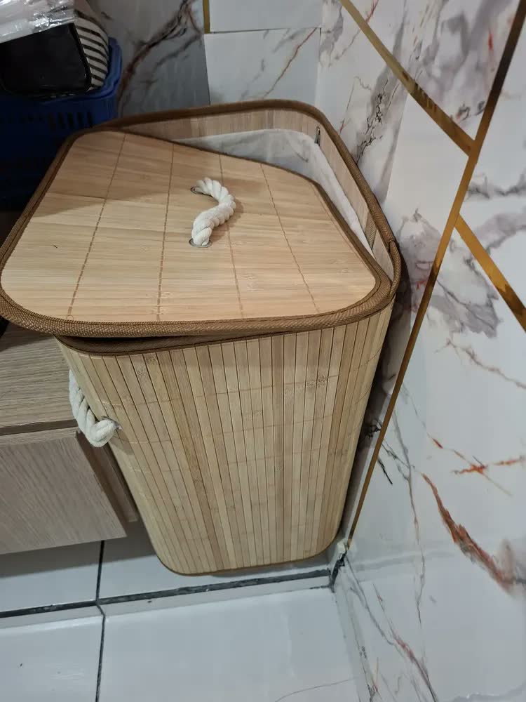 foto de Cesto de Roupa Suja 50L Bambu Natural Dobrável Retangular Zip Home Bege