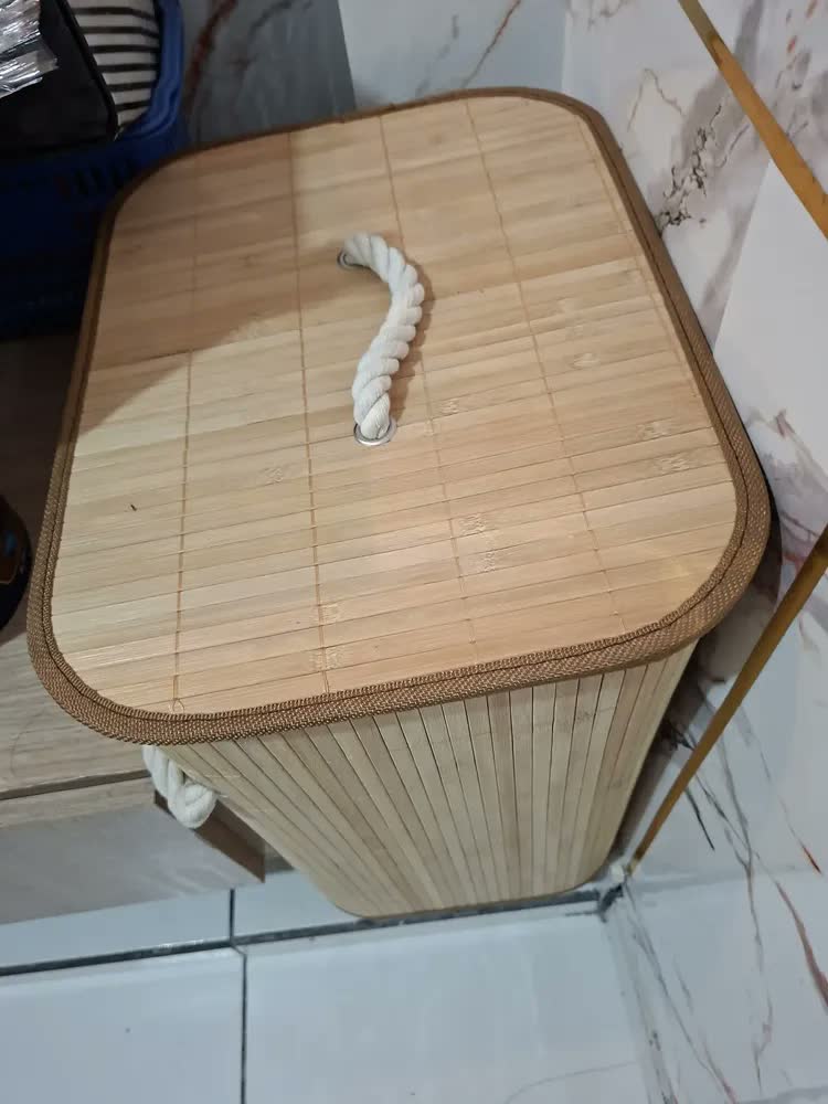 foto de Cesto de Roupa Suja 50L Bambu Natural Dobrável Retangular Zip Home Bege