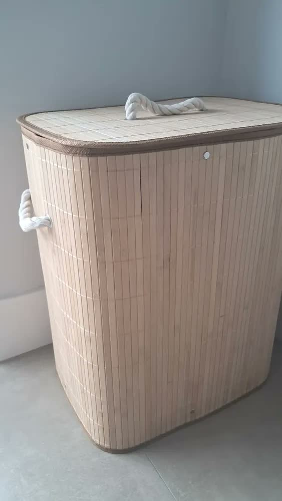 foto de Cesto de Roupa Suja 50L Bambu Natural Dobrável Retangular Zip Home Bege