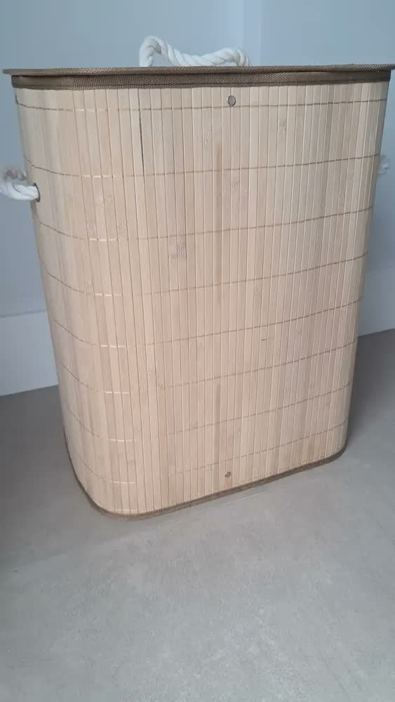 foto de Cesto de Roupa Suja 50L Bambu Natural Dobrável Retangular Zip Home Bege