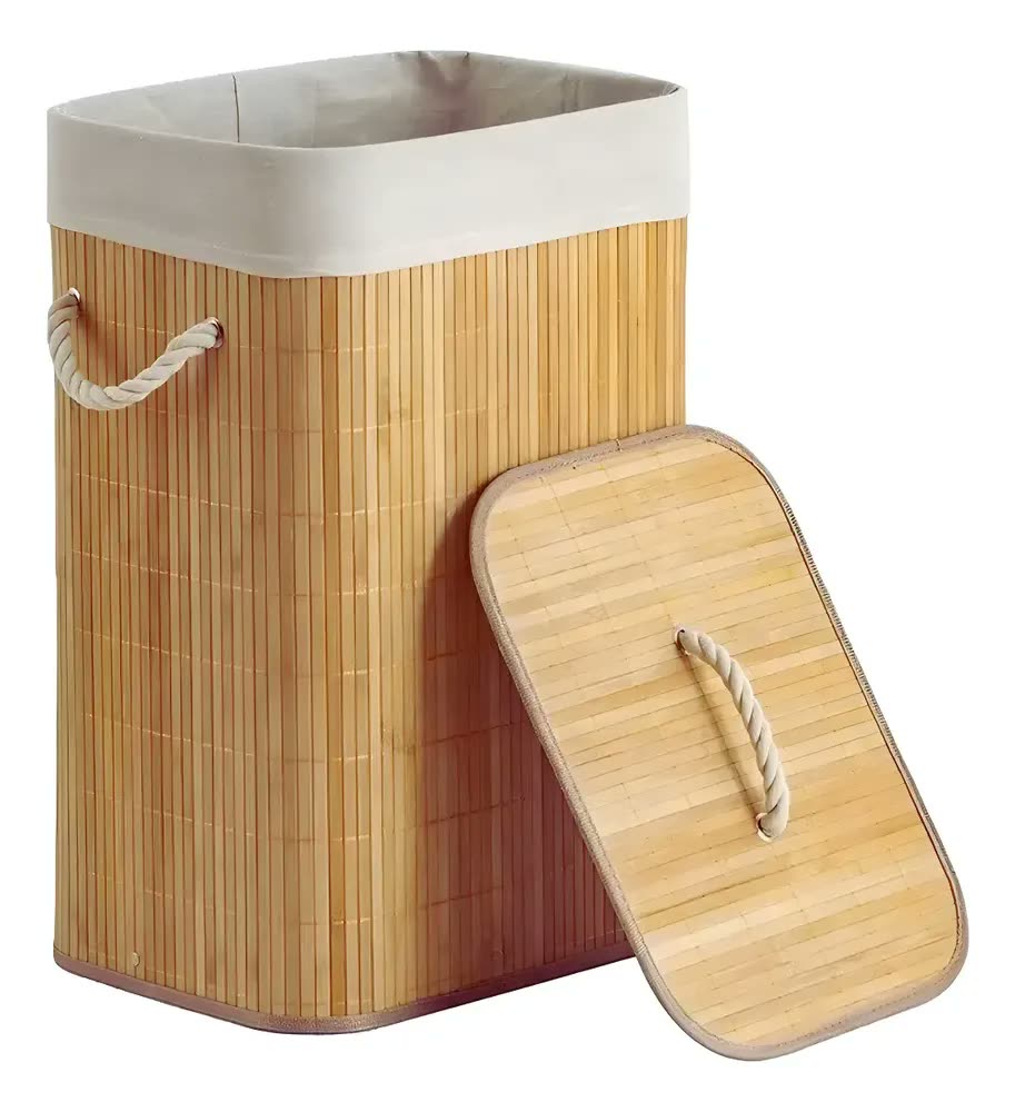 Cesto de Roupa Suja 50L Bambu Natural Dobrável Retangular Zip Home Bege