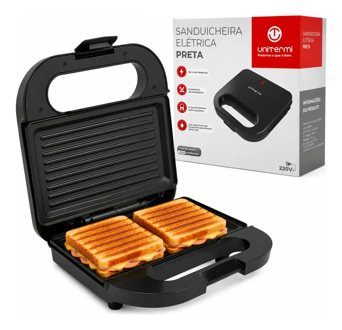 Sanduicheira Elétrica Grill Chapa Antiaderente 750w 110/220v