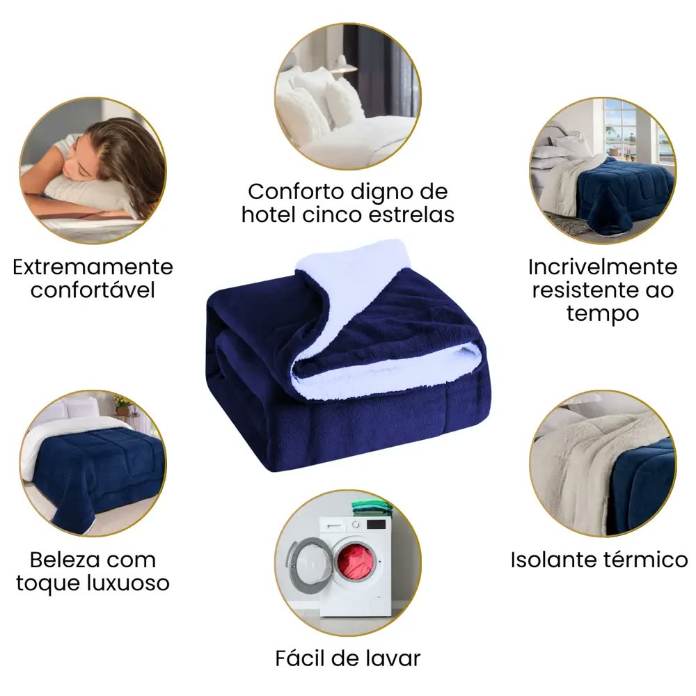 Edredom Sherpa Cobertor E Coberdrom Casal Queen Grosso Pele De Carneiro Dupla Face Azul Marinho Super Quente