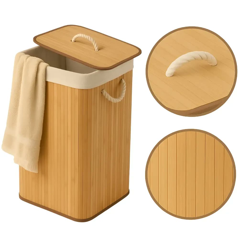 Cesto De Roupa Bambu Dobravel Organizador Forrado Banheiro Grande Cesto Roupa Suja Retangular