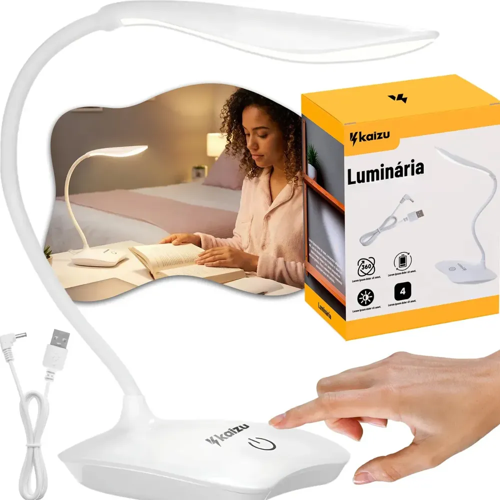 Luminária Abajur De Mesa Kaizu Led Touch Usb Recarregavel Articulavel Para Quarto Cabeceira Escrever