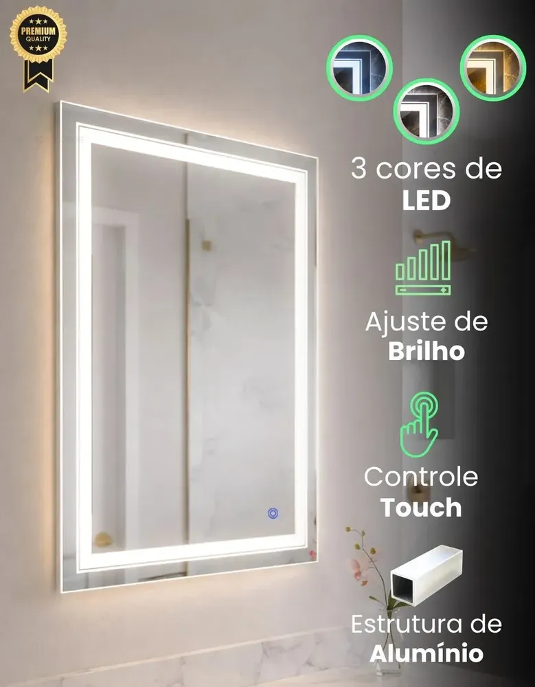 foto de Espelho Led Touch 90 x 70cm 3 Cores P/ Banheiro Penteadeira Maquiagem