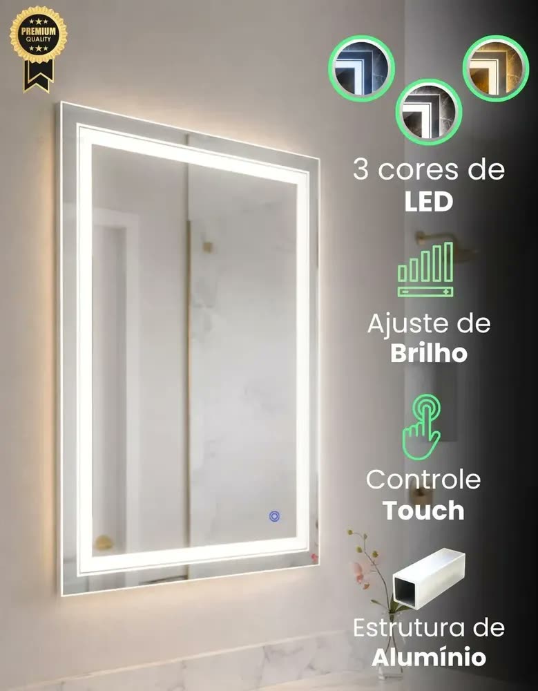 foto de Espelho Led Touch 90 x 70cm 3 Cores P/ Banheiro Penteadeira Maquiagem