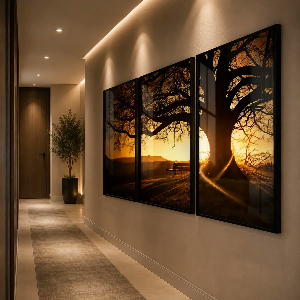 Quadros Decorativo Arvore Por Do Sol Paisagem Moldura Vidro