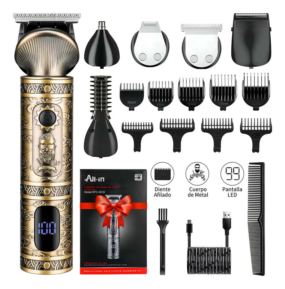All-in Barbeador Eletrico Aparador de Pelos Profissional 6-em-1 Aparelho Barbear Maquina de Cortar Barba Nariz Cabelo Sem Fio Shaver com Cabeças Laváveis Homen