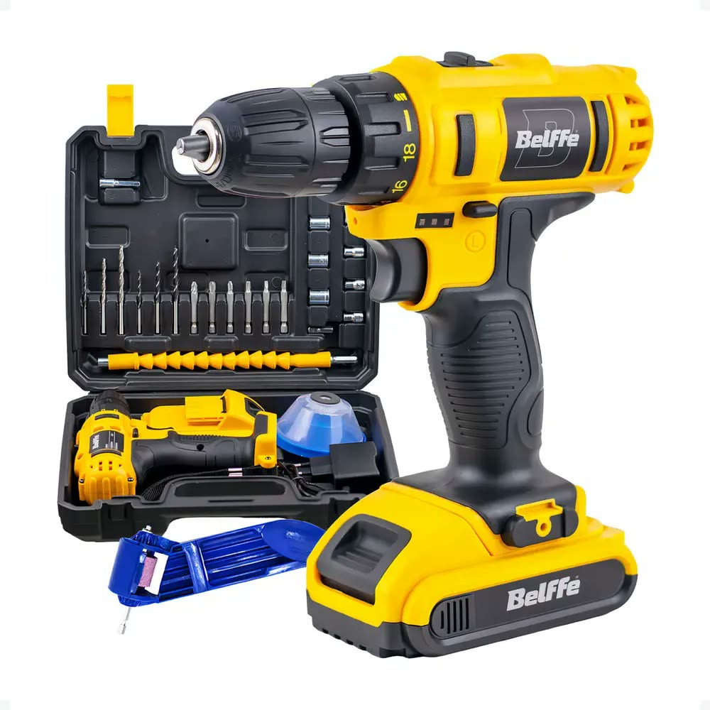 Parafusadeira Furadeira a Bateria 12V Belffe Com Kit de 26 Peças e Maleta Amarela