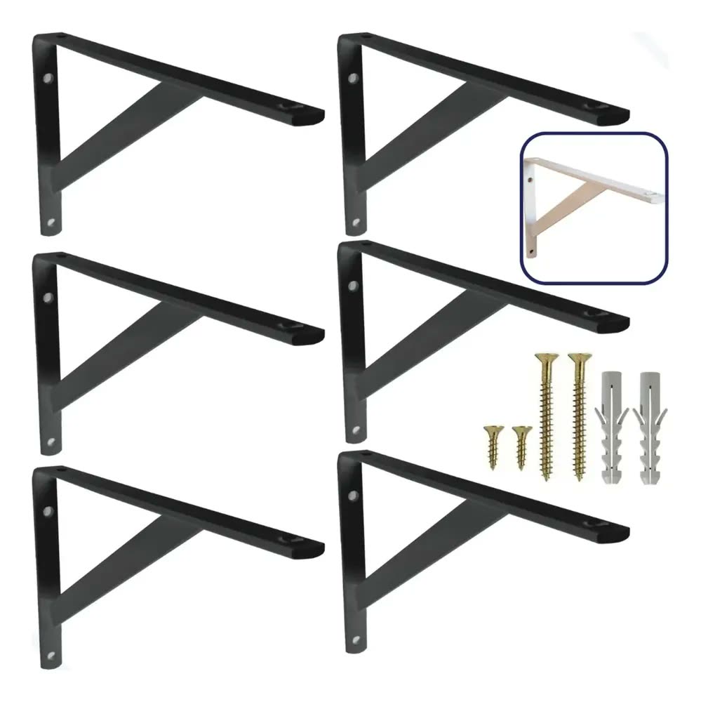 Mão Francesa Reforçada 30cm - Kit Com 6 Suportes + Parafusos - Cor Preta -Cantoneira Industrial - Suporte L para Prateleira de Madeira