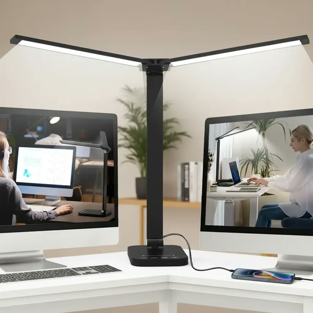 Luminária de Mesa LED de Dupla Cabeça para Estudo e Escritório com USB