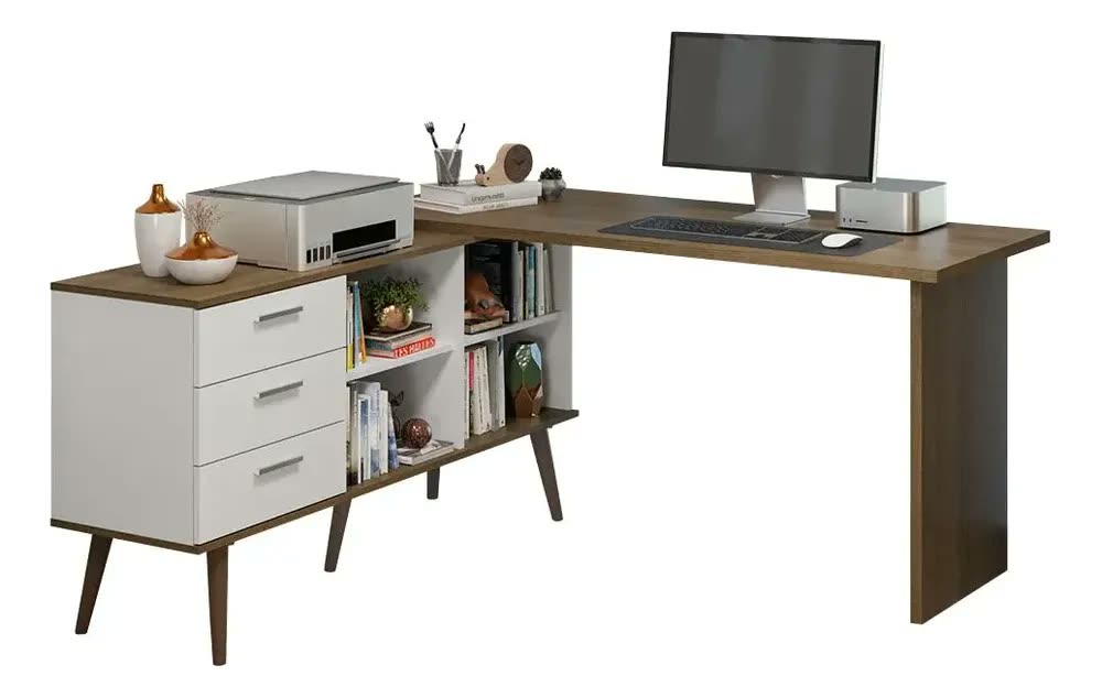 Mesa De Escritório Em L 3 Gavetas Lisboa Madesa Xa Br Cor Branco/rustic