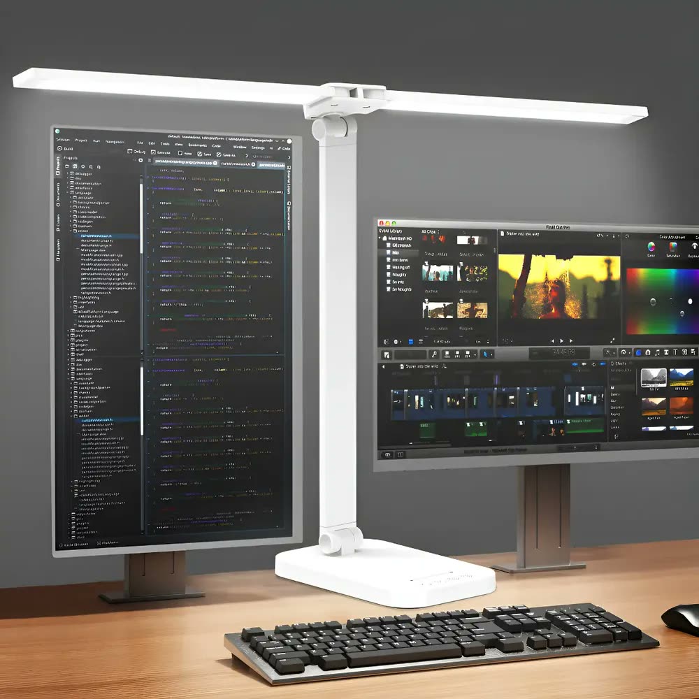 Luminária de Mesa LED de Dupla Cabeça para Leitura e Estudo, com Braços Articulados e 5 Modos de Cor