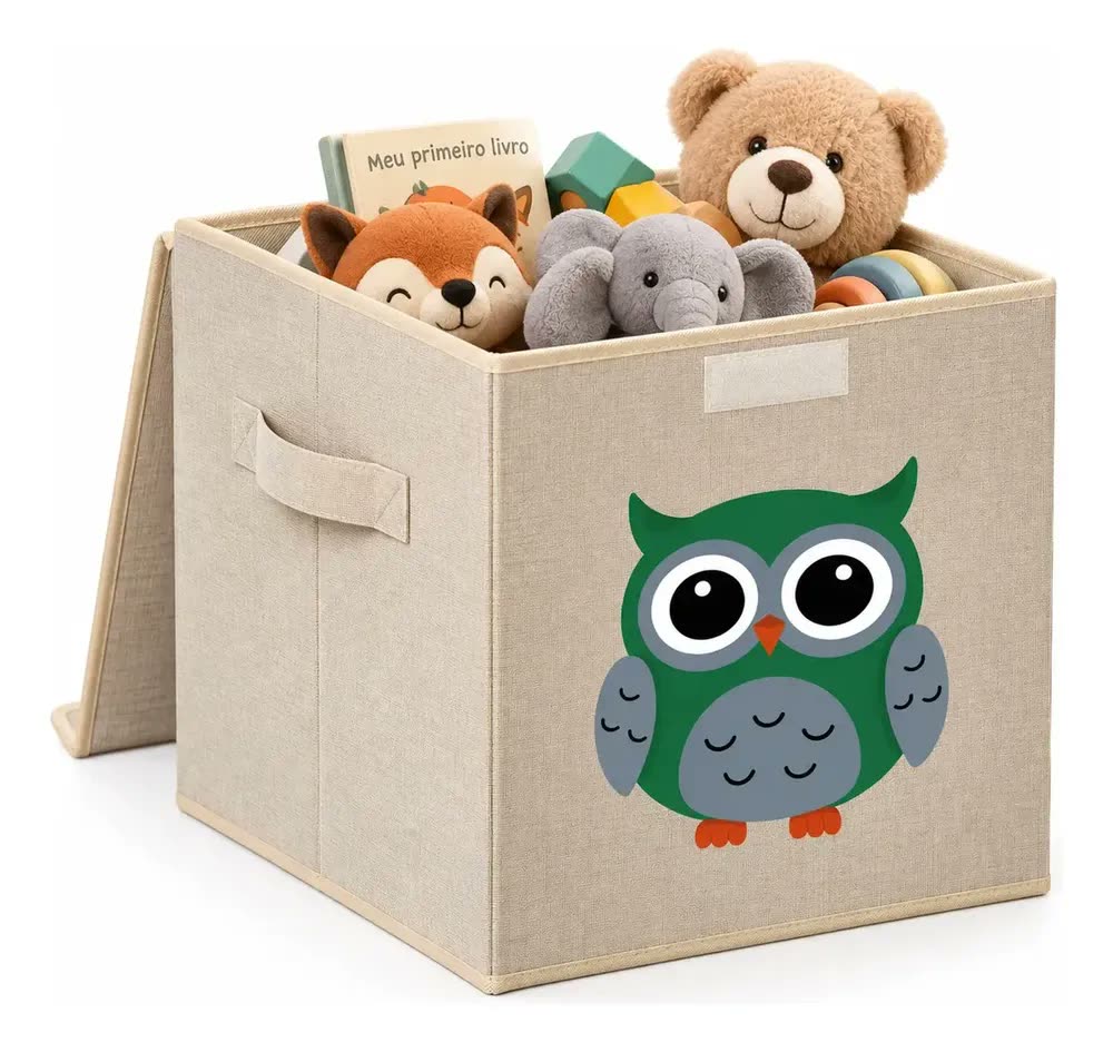 foto de Caixa Organizadora Infantil de Linho para Brinquedos com Tampa – Oky's Coruja