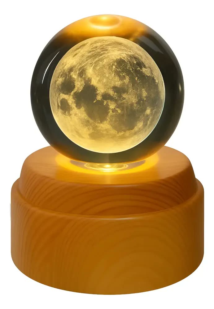 Luminária 3D LED Mesa Giratória Lua Madeira Vidro USB Decoração