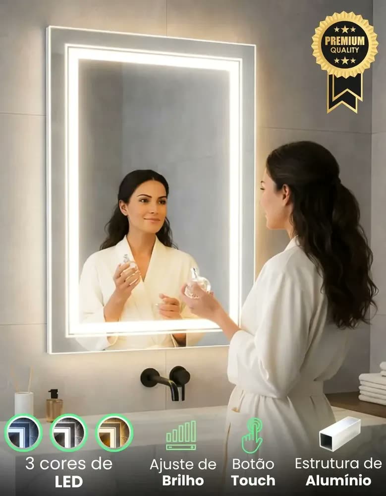 foto de Espelho Led Touch Screen 0,80 X 0,90cm Penteadeira Maquiagem Banheiro