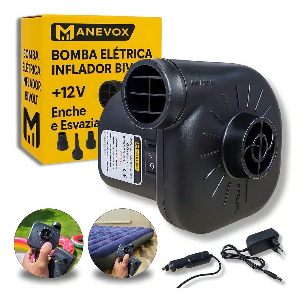 Compressor Bomba de Ar Portátil Elétrica Para Encher e Esvaziar Colchão Inflável Piscina Boias Bivolt Manevox Não é Recarregavél