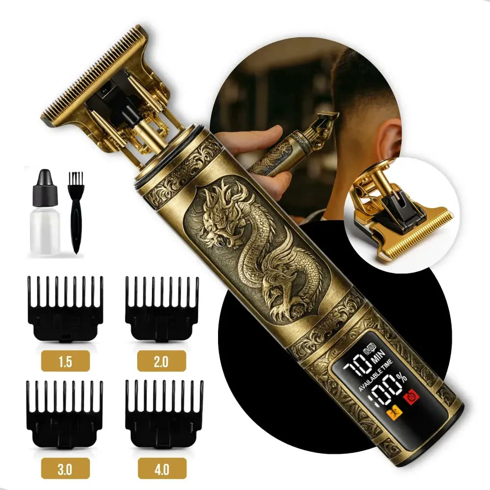 foto de Maquina De Cortar Cabelo Barbear Sem Fio Maquininha Dragão Elétrica Aparador De Pelos Acabamento Depilador 4 Pentes Intimo Masculino Motor Recarregável Usb Tipo C Dourado Nixzen