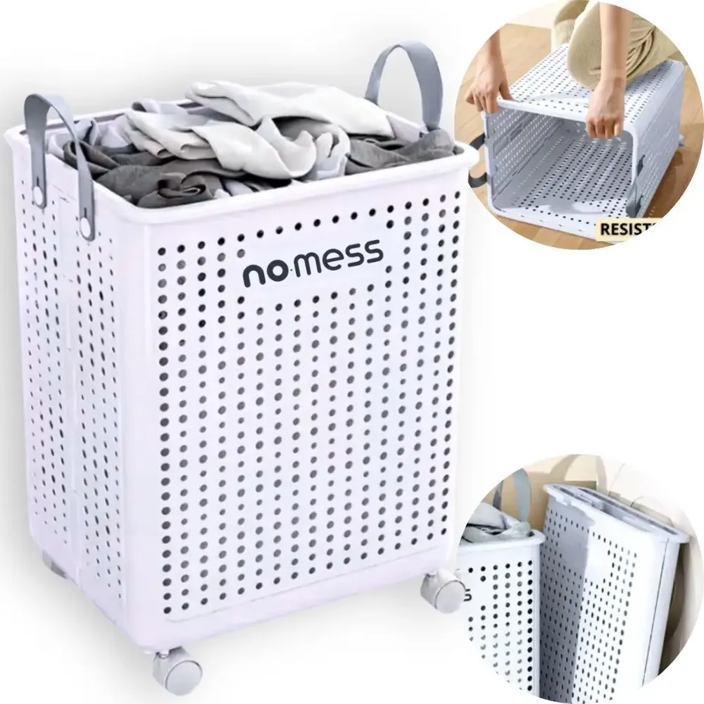 foto de Cesto de Roupa Dobrável Com Rodas e Alças Respirável Branco No Mess