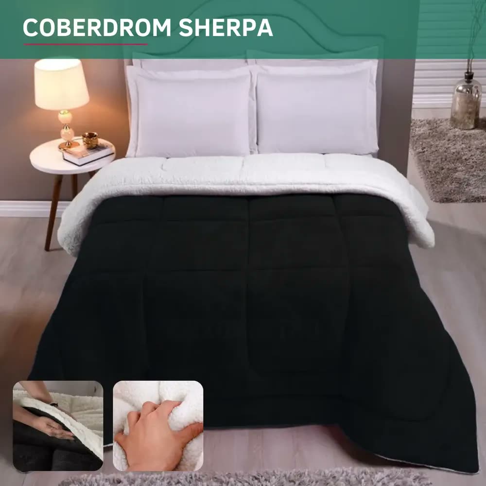 Coberdrom Casal Queen Sherpa Edredom Macio Dupla Face Quente Luxo Hotel Pele Carneiro Premium Cor Preto
