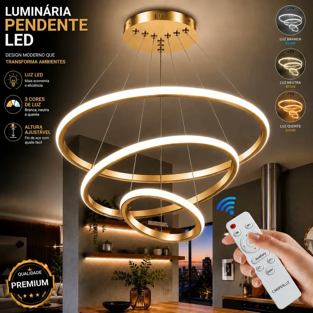 foto de Lustre Led Sala Moderno 72W 3 Arcos Pendente Luminária Teto Lustre Sala De Jantar Com Controle Luxo Moderno Cozinha Luminaria De Teto Para Sala Marca Camperluz