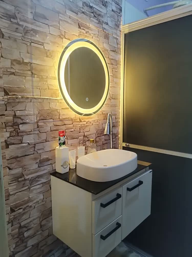 foto de Espelho Redondo Espaço 60cm LED Touch Jateado Frio Quente Neutro Bivolt Parede