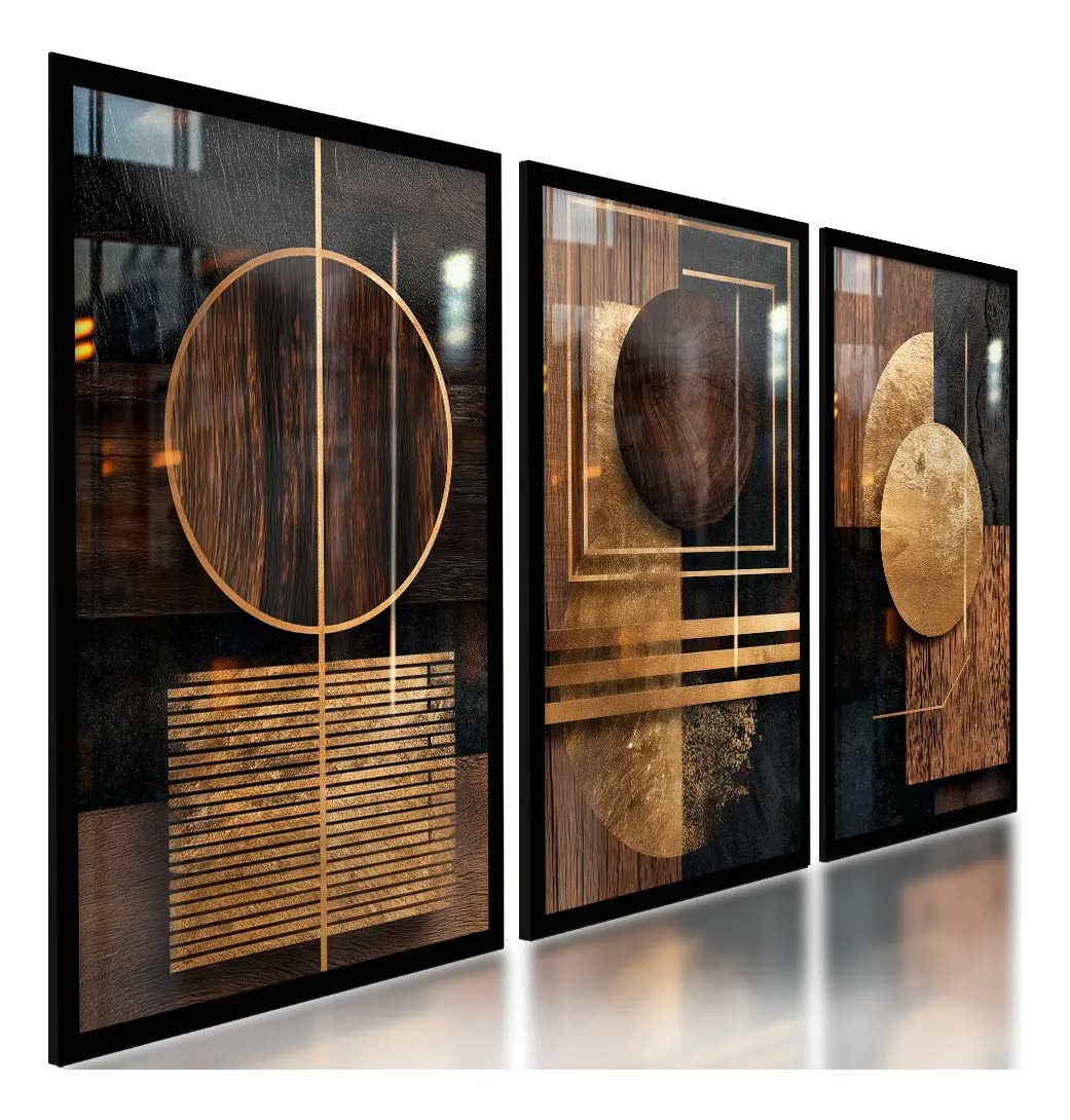 Quadros Abstratos Geométricos Madeira Ouro Preto Luxo 122x60
