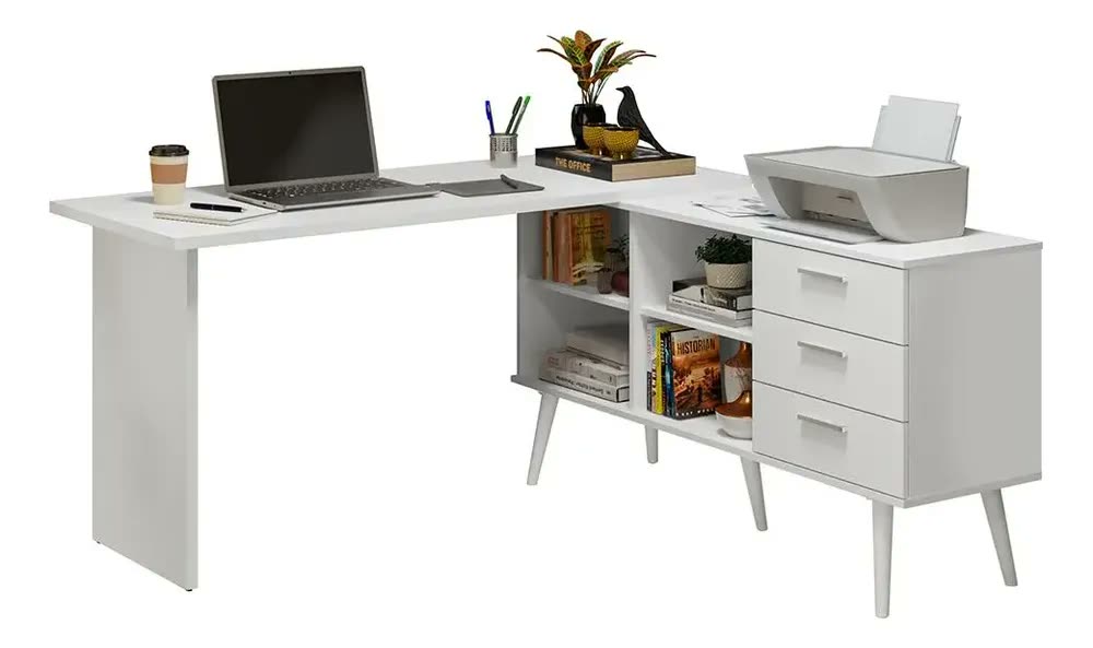Mesa De Escritório Em L 3 Gavetas Branco Lisboa Madesa