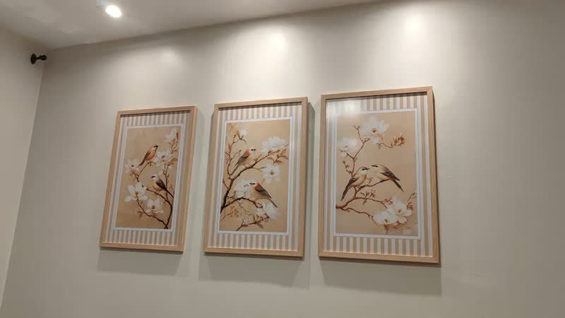 foto de Kit 3 Quadros Decorativos Pássaros Bege Moderno Sala Moldura