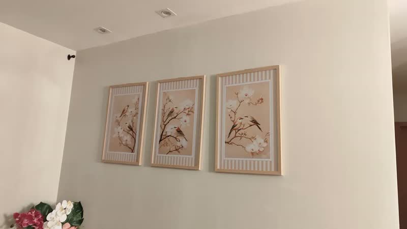 foto de Kit 3 Quadros Decorativos Pássaros Bege Moderno Sala Moldura