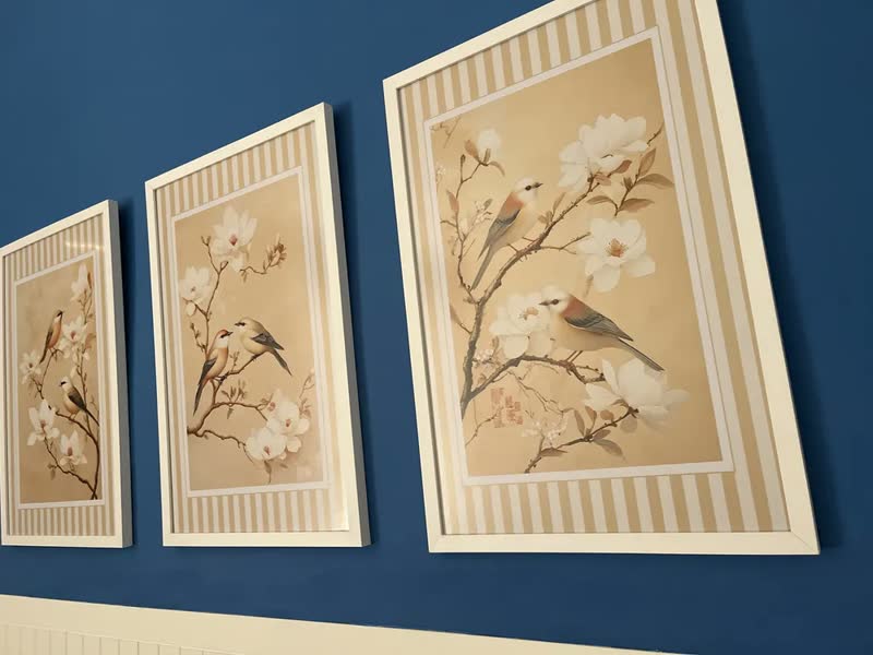 foto de Kit 3 Quadros Decorativos Pássaros Bege Moderno Sala Moldura