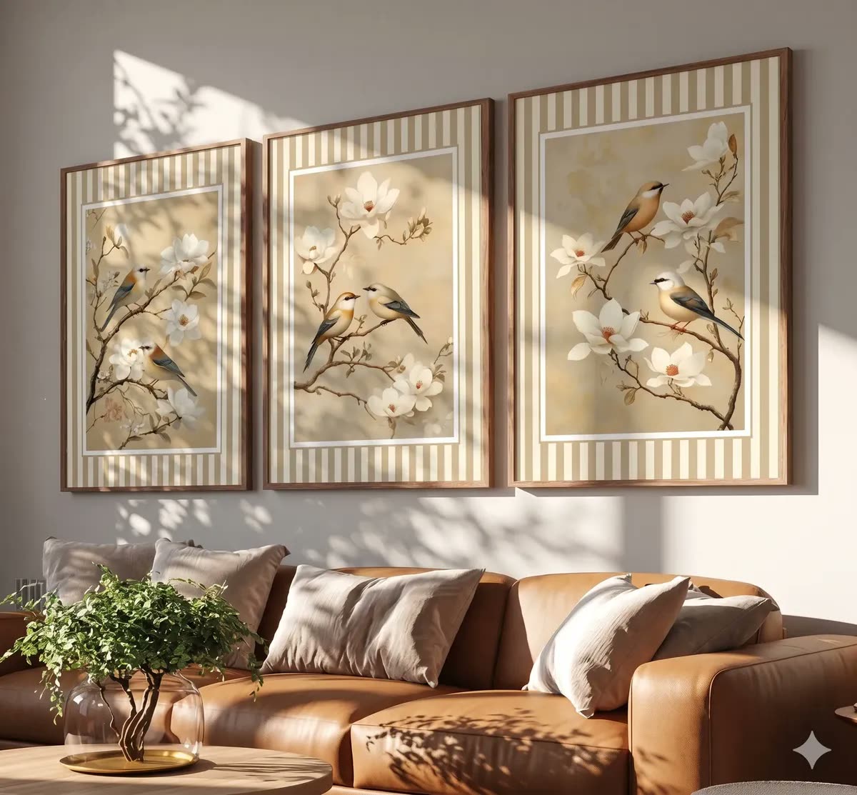 Kit 3 Quadros Decorativos Pássaros Bege Moderno Sala Moldura