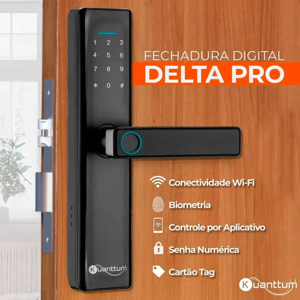 foto de Fechadura Digital Kuanttum Delta Pro Wi-Fi para Porta de Madeira com Biometria e Senha