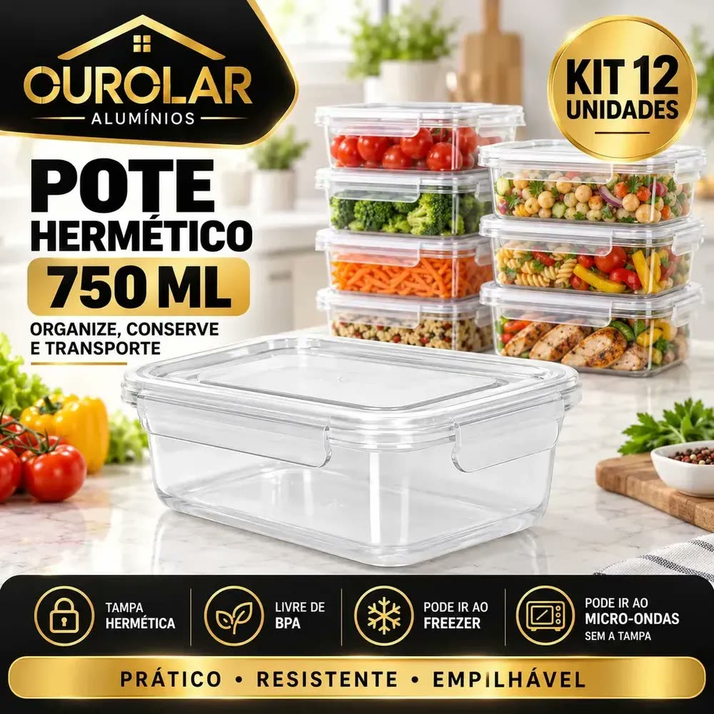 Kit 12 Potes Plásticos 750ml Para Alimentos Hermético Freezer Microondas Marmita Sem Bpa Organizador Com Tampa E Travas Ourolar
