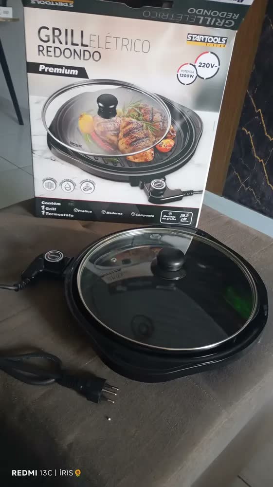 foto de Grill Elétrico Redondo Premium Startools com Termostato e Tampa Preta 1200W - 220v