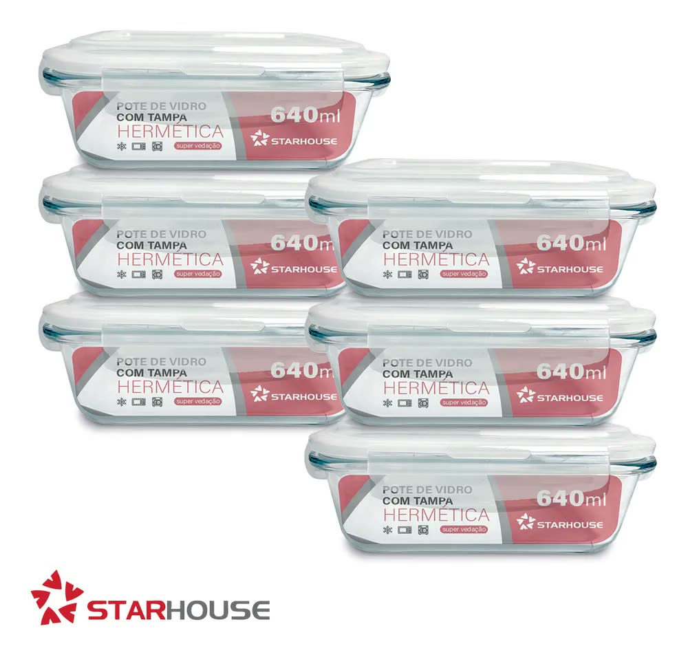 foto de Kit 6 Potes 640ml Vidro Hermético 4 Travas Marmita Refratario Star House com 4 travas de super vedação