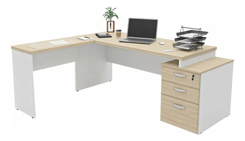 foto de Mesa De Escritório Escrivaninha Em L 190x70 3 Gav Netmobil Cor Bege