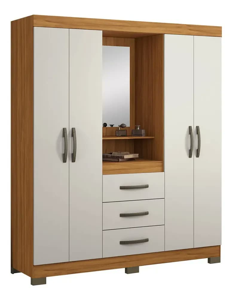 Guarda Roupa Casal 4 Portas Roupeiro Com Gavetas E Espelho Cor Freijó Com Off White