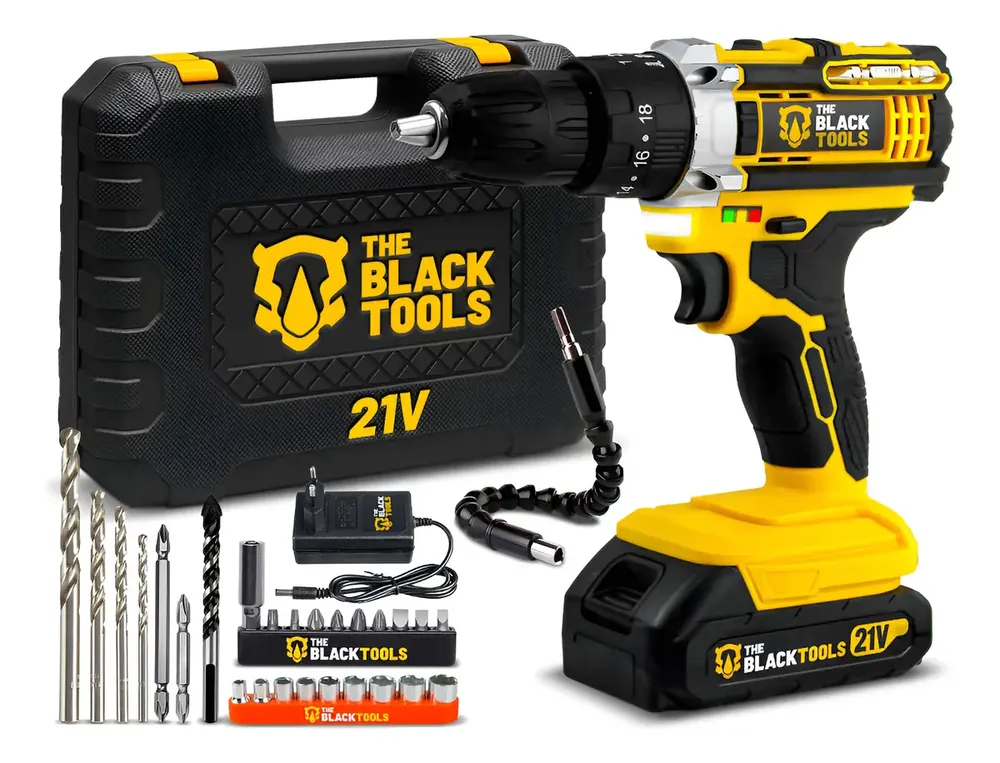 foto de Parafusadeira Furadeira De Impacto A Bateria 21V 3/8” Pol Bivolt 1400 Rpm Com Acessórios The Black Tools